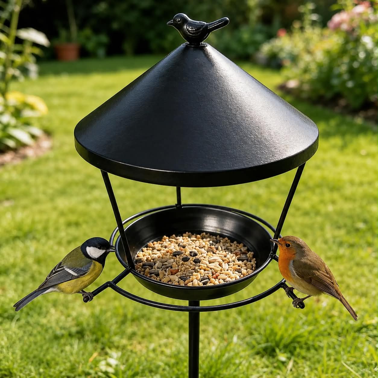Mangeoire à oiseaux sur pied en métal noir - design vintage pour jardin