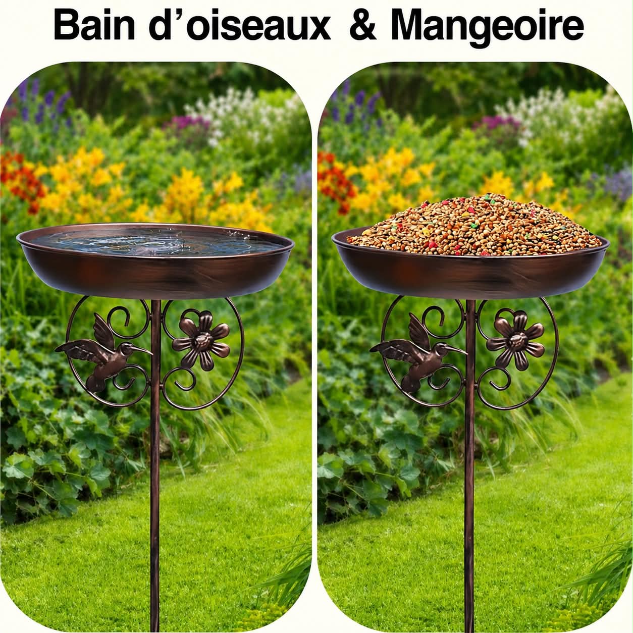 Bain d'oiseaux et mangeoire sur pied en métal - double usage été et hiver