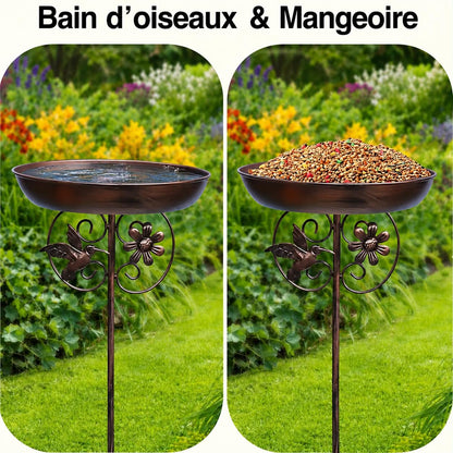 Bain d'oiseaux et mangeoire sur pied en métal - double usage été et hiver
