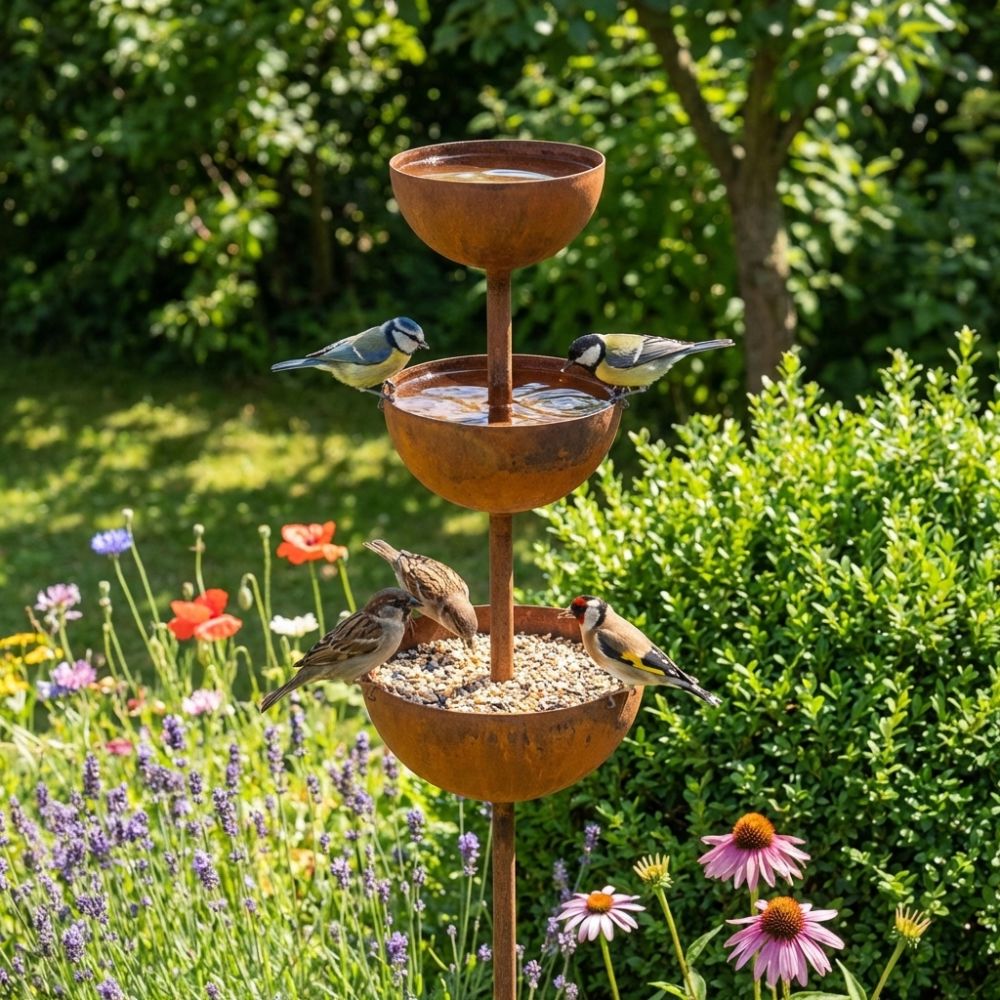 Bain d'oiseaux en fer dans un jardin fleuri