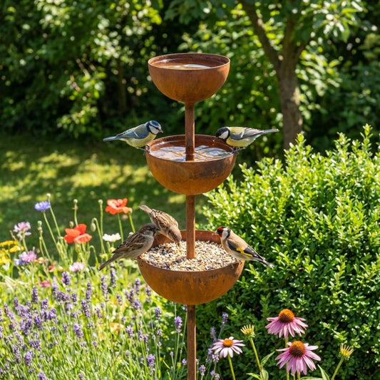 Bain d'oiseaux en fer dans un jardin fleuri