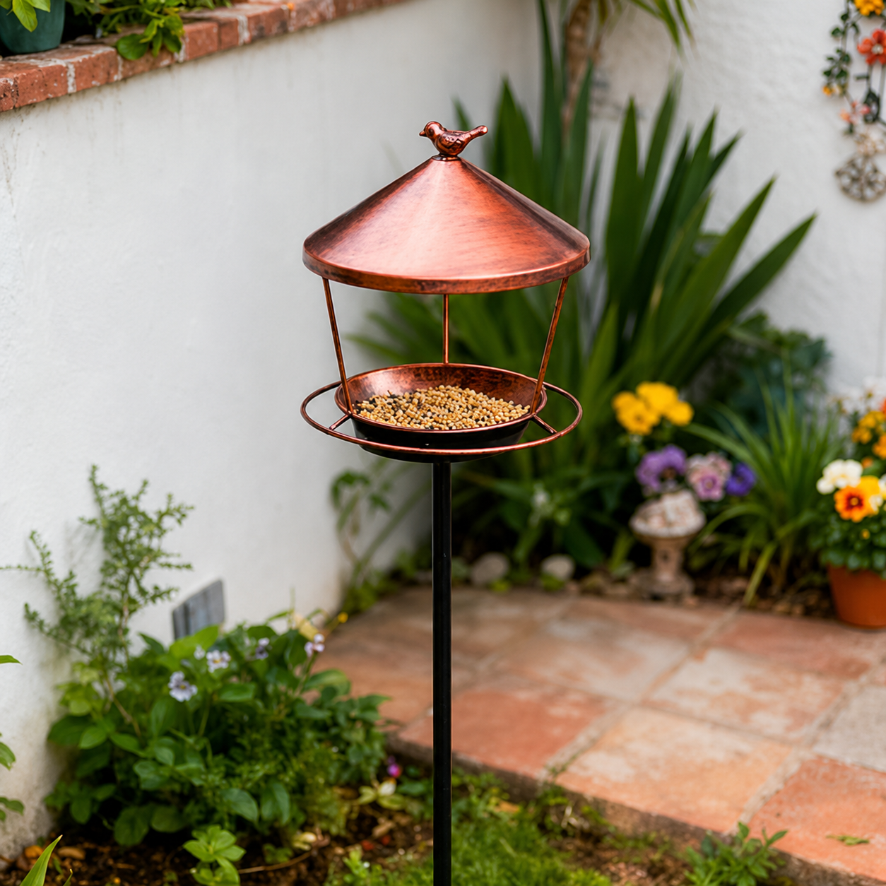 Mangeoire à oiseaux sur pied en métal bronze - élégante et résistante