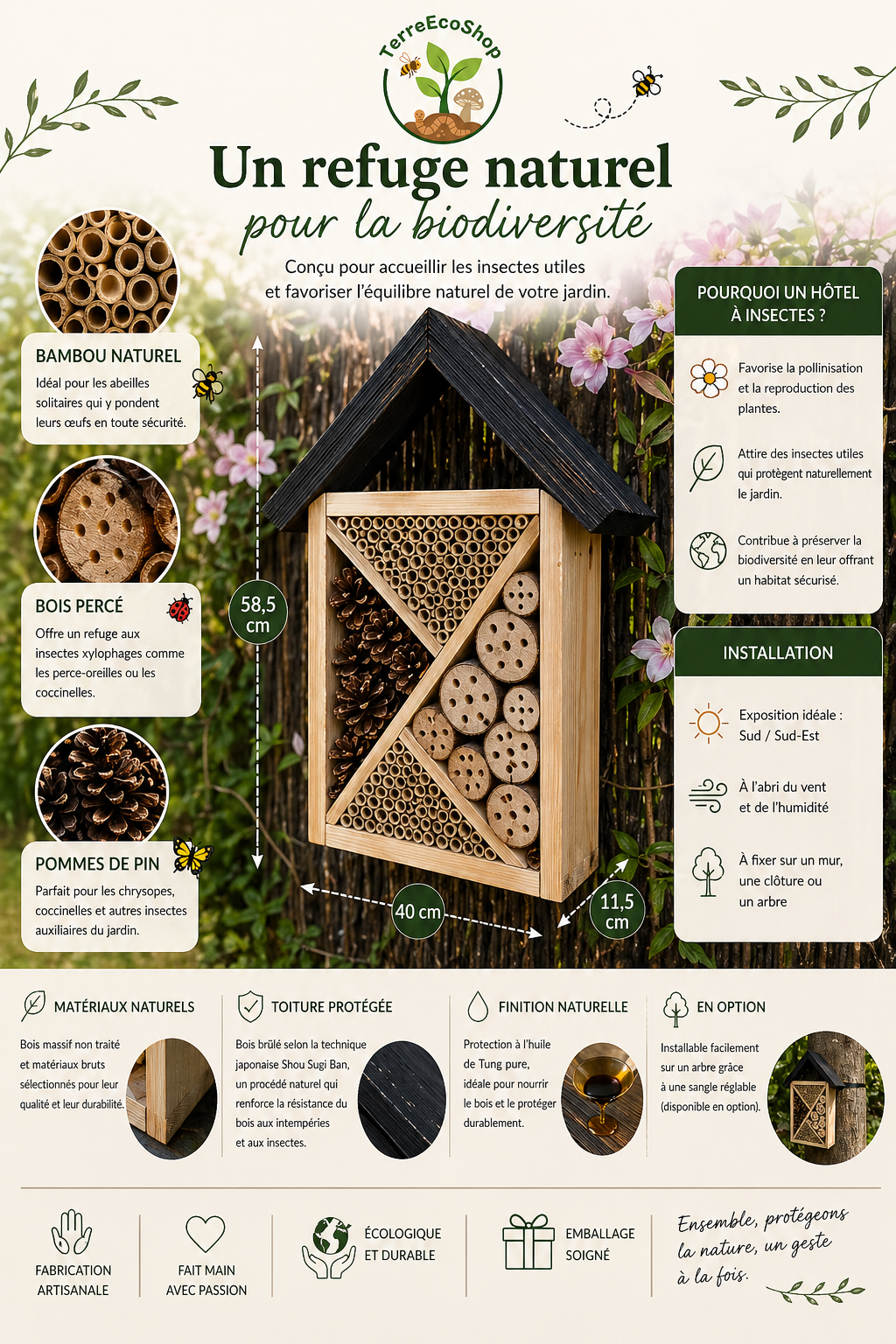 Hôtel à insectes en bois fait main – Naturel & durable