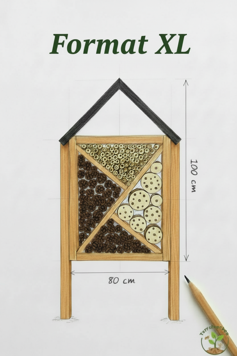 Croquis hôtel à insectes Format XL 80×100 cm garni — bambou, pommes de pin, rondins perforés